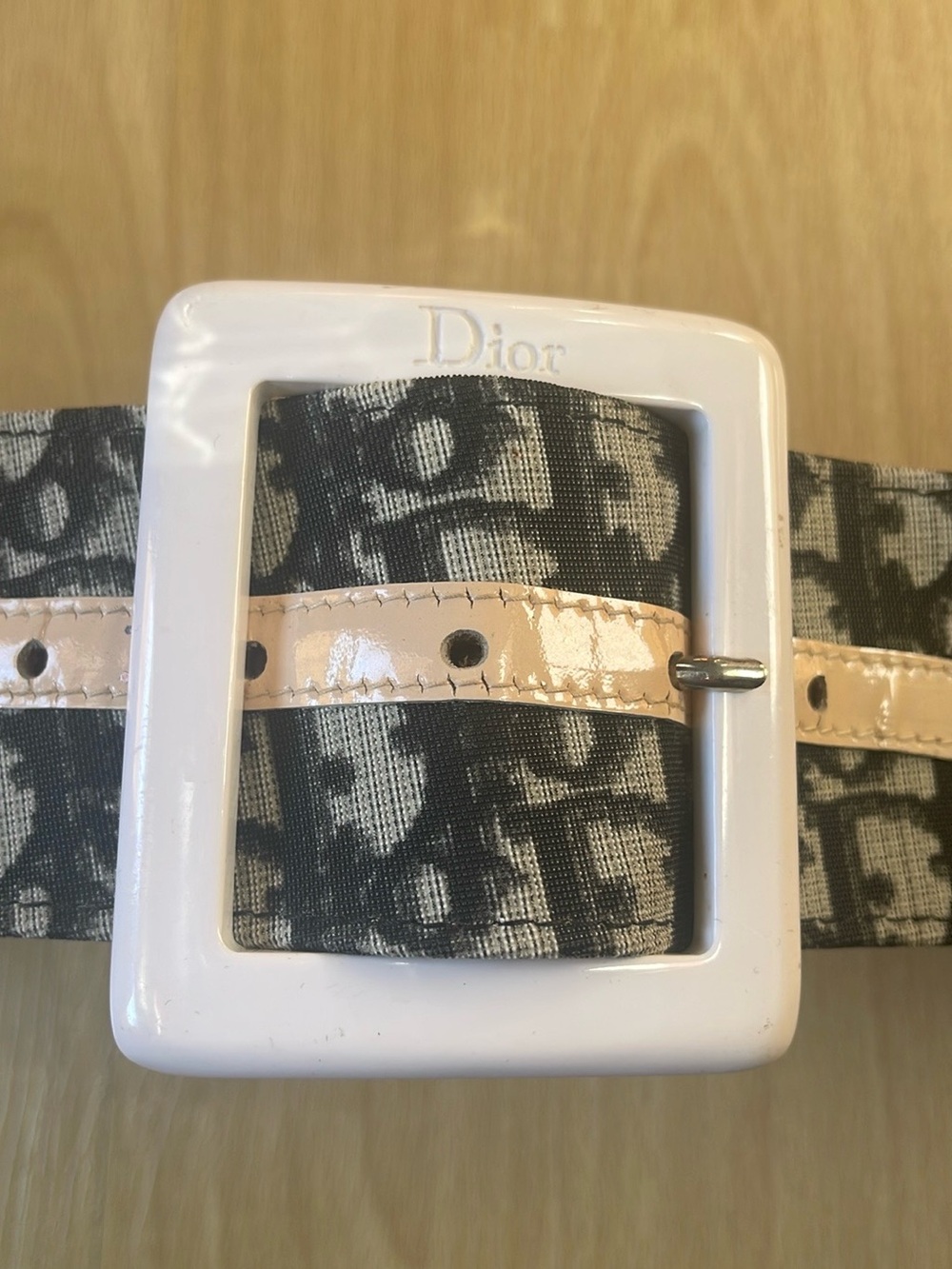 Dior Black Monogram Canvas Belt with Cream Buckle and Patent Trim